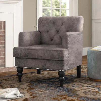 Modern Accent Tufted Club Chair with Rivet Design and Birch Wood Legs, Grey+Brown