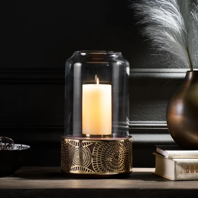 Boho Handcrafted Mango Wood Hurricane Candle Holder with Tempered Glass Cover and Metal Accents, Brown