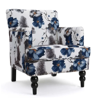 Retro style Tufted Club Chair with Birch Wood Legs, White+Blue