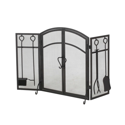 Iron Folding Fireplace Screen with Doors and 4-Piece Tool Set, Matte Black