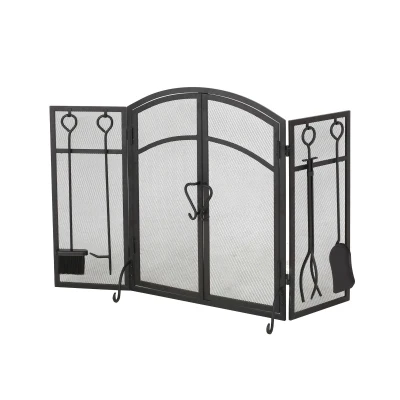 Iron Folding Fireplace Screen with Doors and 4-Piece Tool Set, Matte Black