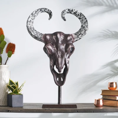 Rustic Style Handcrafted Bull Skull Decor with Stand, Bronze
