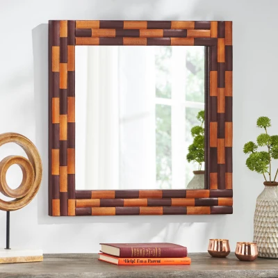 Boho Style Handcrafted Square Wall Mirror with Leather Frame, Antique Yellow
