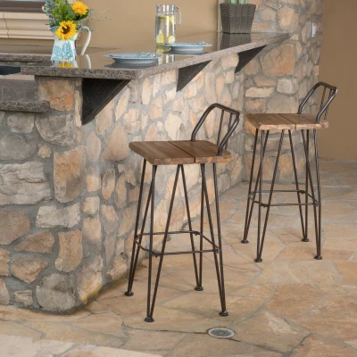Industrial Wood and Metal Barstool Set of 2 with Powder-Coated Iron Frame, Brown