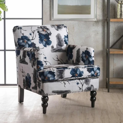 Retro style Tufted Club Chair with Birch Wood Legs, White+Blue