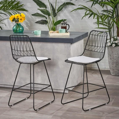 Modern Outdoor Wire Counter Stools Set of 2 with Cushions, Black+Ivory