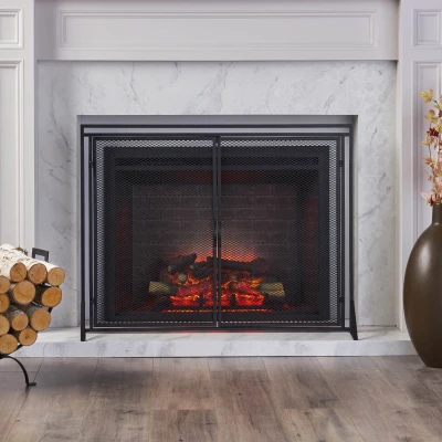 Iron Fireplace Screen with Easy Access Doors, Black