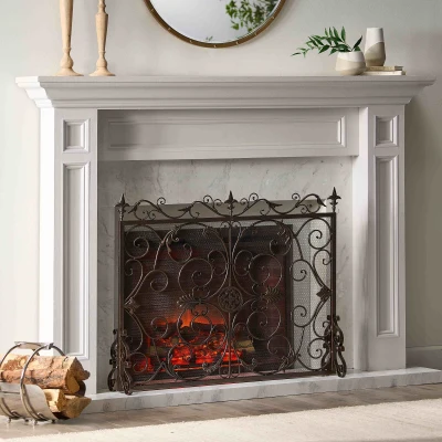 Traditional Fireplace Screen with Victorian Inspired Design, Black+Gold