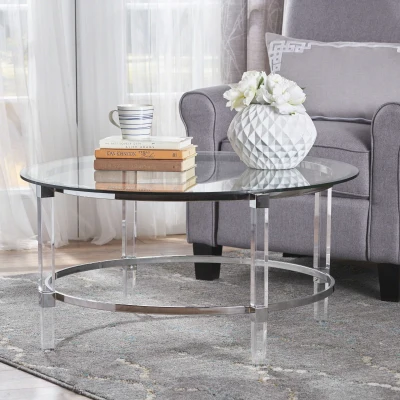 Clear Tempered Glass Round Coffee Table with Iron and Acrylic Frame, Clear