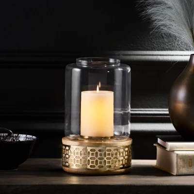 Boho Handcrafted Mango Wood Hurricane Candle Holder with Tempered Glass Cover and Metal Accents, Natural