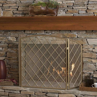 Modern Single Panel Iron Fireplace Screen with Durable Iron Frame, Gold