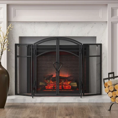 Iron Folding Fireplace Screen with Doors and 4-Piece Tool Set, Matte Black