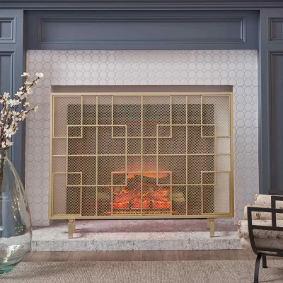 Modern Iron Fire Screen with Single Panel Design and Fine Mesh, Gold