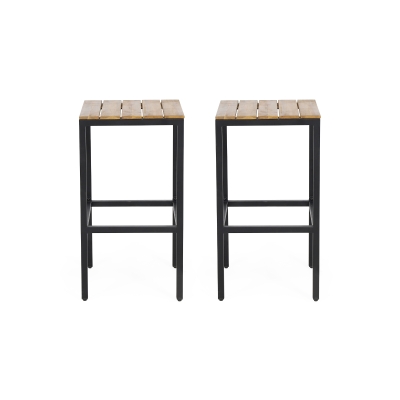 Outdoor Industrial Acacia Wood Bar Stools Set of 2, Teak+Black