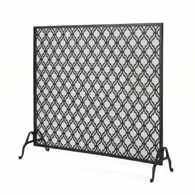 Modern Single Panel Iron Fireplace Screen with Durable Iron Frame, Black