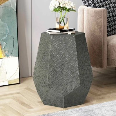 Modern Hammered Iron Geometric Side Table, Antique Silver