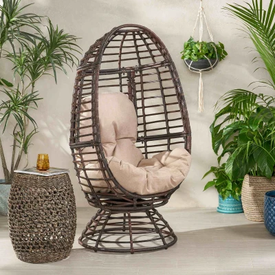 Wicker Outdoor Patio Swivel Egg Chair with Basket Shape Design and Water-Resistant Cushions, Black