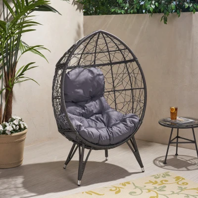 Outdoor Wicker Teardrop Chair with Water-Resistant Cushions, Gray