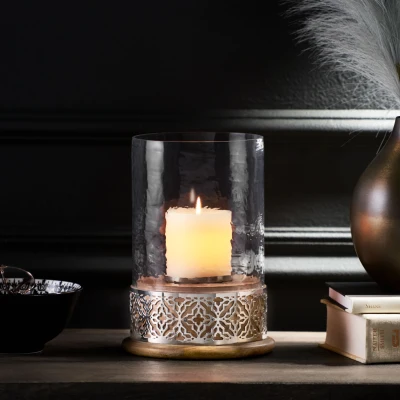 Boho Handcrafted Mango Wood Hurricane Candle Holder with Tempered Glass Cover and Metal Accents, Natural