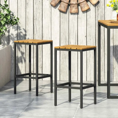 Outdoor Industrial Acacia Wood Bar Stools Set of 2, Teak+Black
