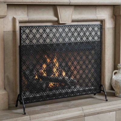 Modern Single Panel Iron Fireplace Screen with Durable Iron Frame, Black