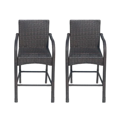 Outdoor Wicker Barstool Chair Set of 2 with Durable Powder-Coated Metal Frame, Brown