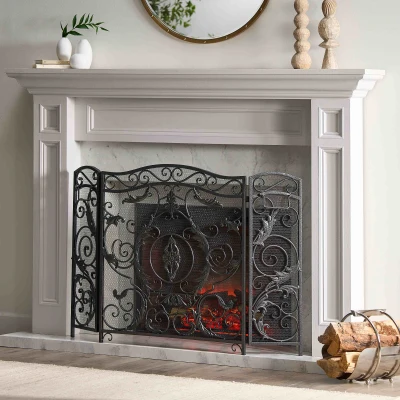 Retro style Fireplace Screen with Ornate Floral Iron Design and Three-Panel, Black+Silver