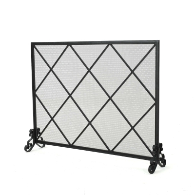 Modern Single Panel Iron Fireplace Screen with Durable Iron Frame, Black
