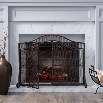 Modern Iron Fire Screen with Single Panel Design and Fine Mesh, Black