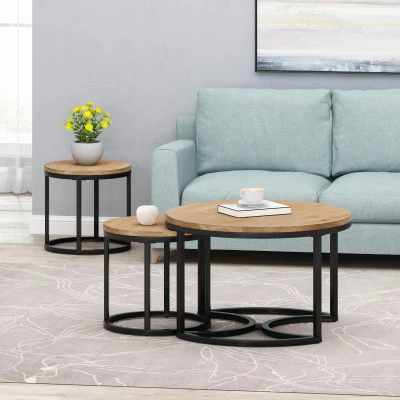 Modern Industrial Fir Wood Nested Coffee Table Set, Black