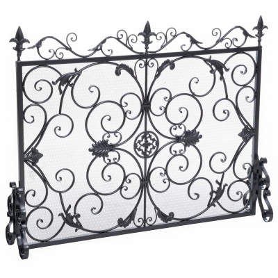 Traditional Fireplace Screen with Victorian Inspired Design, Black+Silver