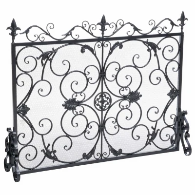 Traditional Fireplace Screen with Victorian Inspired Design, Black+Silver
