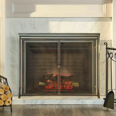 Iron Fireplace Screen with Easy Access Doors, Black+Gold
