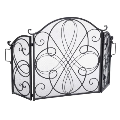 Retro style Fireplace Screen with Ornate Wrought Iron Design, Black+Silver
