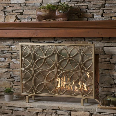 Stylish Single Panel Iron Fireplace Screen With Durable Iron Frame, Gold