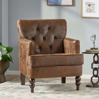 Modern Accent Tufted Club Chair with Rivet Design and Birch Wood Legs, Brown