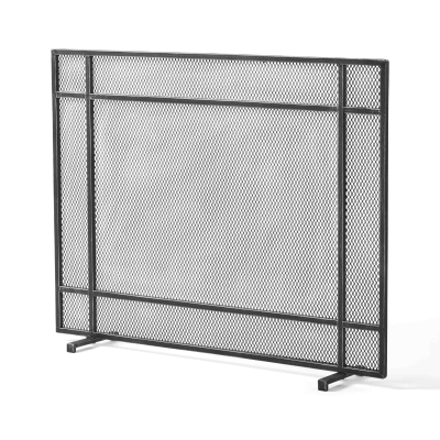 Modern Iron Fire Screen with Single Panel Design and Fine Mesh, Black+Silver