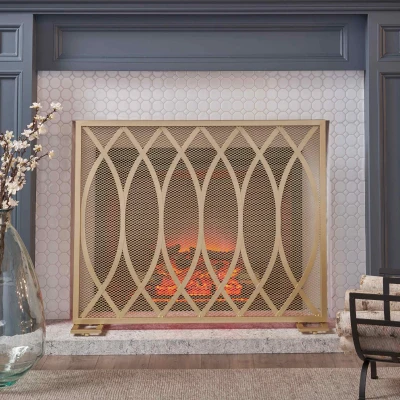 Modern Iron Fire Screen with Single Panel Design and Fine Mesh, Gold