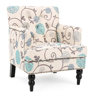 Contemporary Tufted Club Chair with Button Tufted Diamond Stitch, White+Blue