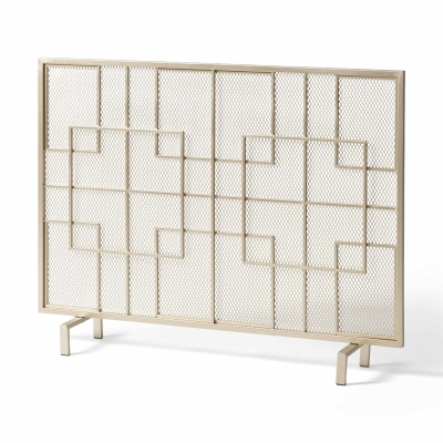Modern Iron Fire Screen with Single Panel Design and Fine Mesh, Gold