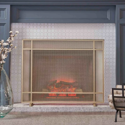 Modern Iron Fire Screen with Single Panel Design and Fine Mesh, Gold