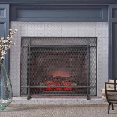 Modern Iron Fire Screen with Single Panel Design and Fine Mesh, Black+Silver