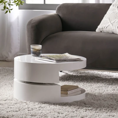 Modern Rotating Coffee Table with 2 Circular Swivel Levels, White