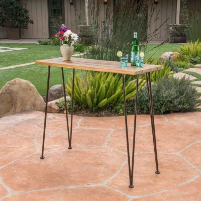 Modern Outdoor Industrial Teak Finished Acacia Wood Bar Table with Iron Hairpin Legs, Brown