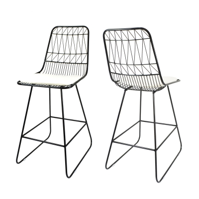 Modern Outdoor Wire Counter Stools Set of 2 with Cushions, Black+Ivory