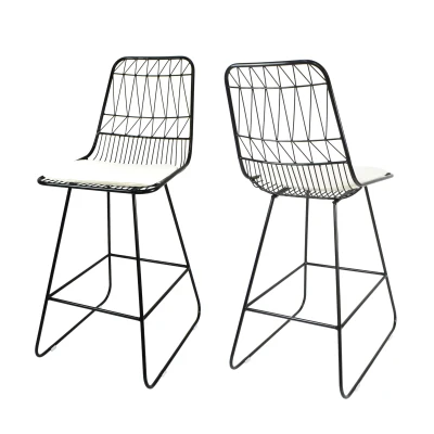 Modern Outdoor Wire Counter Stools Set of 2 with Cushions, Black+Ivory