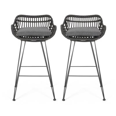 Outdoor Wicker Barstools Set of 2 with Cushions, Grey
