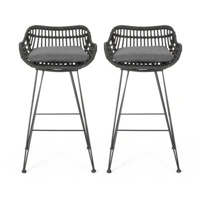 Outdoor Wicker Barstools Set of 2 with Cushions, Grey