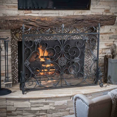 Traditional Fireplace Screen with Victorian Inspired Design, Black+Silver