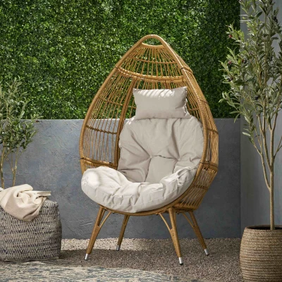 Outdoor Teardrop Wicker Patio Chair with Water-Resistant Cushions, Natural
